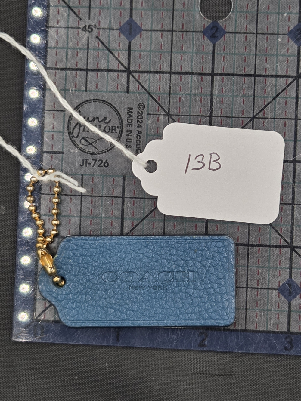 Coach Pebbled Leather Bag Tag in Blue with Gold Ball Chain